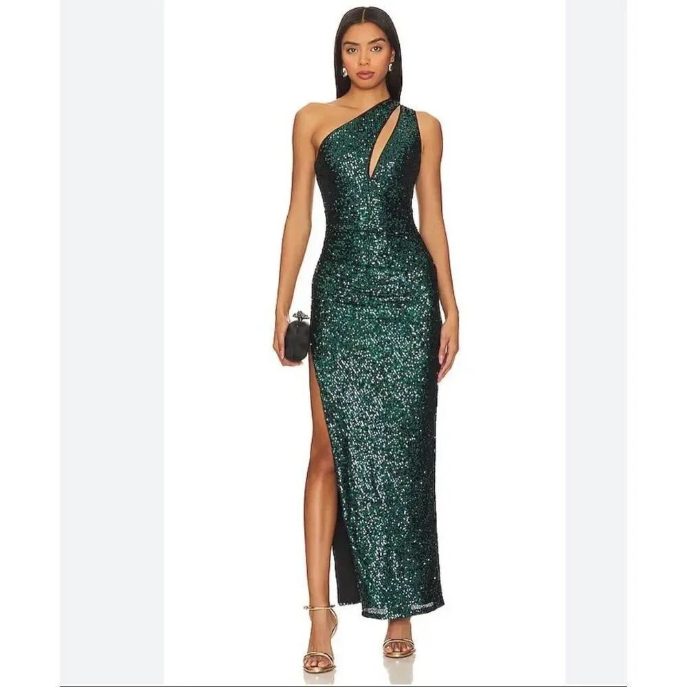 Remi X Revolve NWT Emerald Green Sequin One Shoulder Cut-Out Donna Gown Size 1X